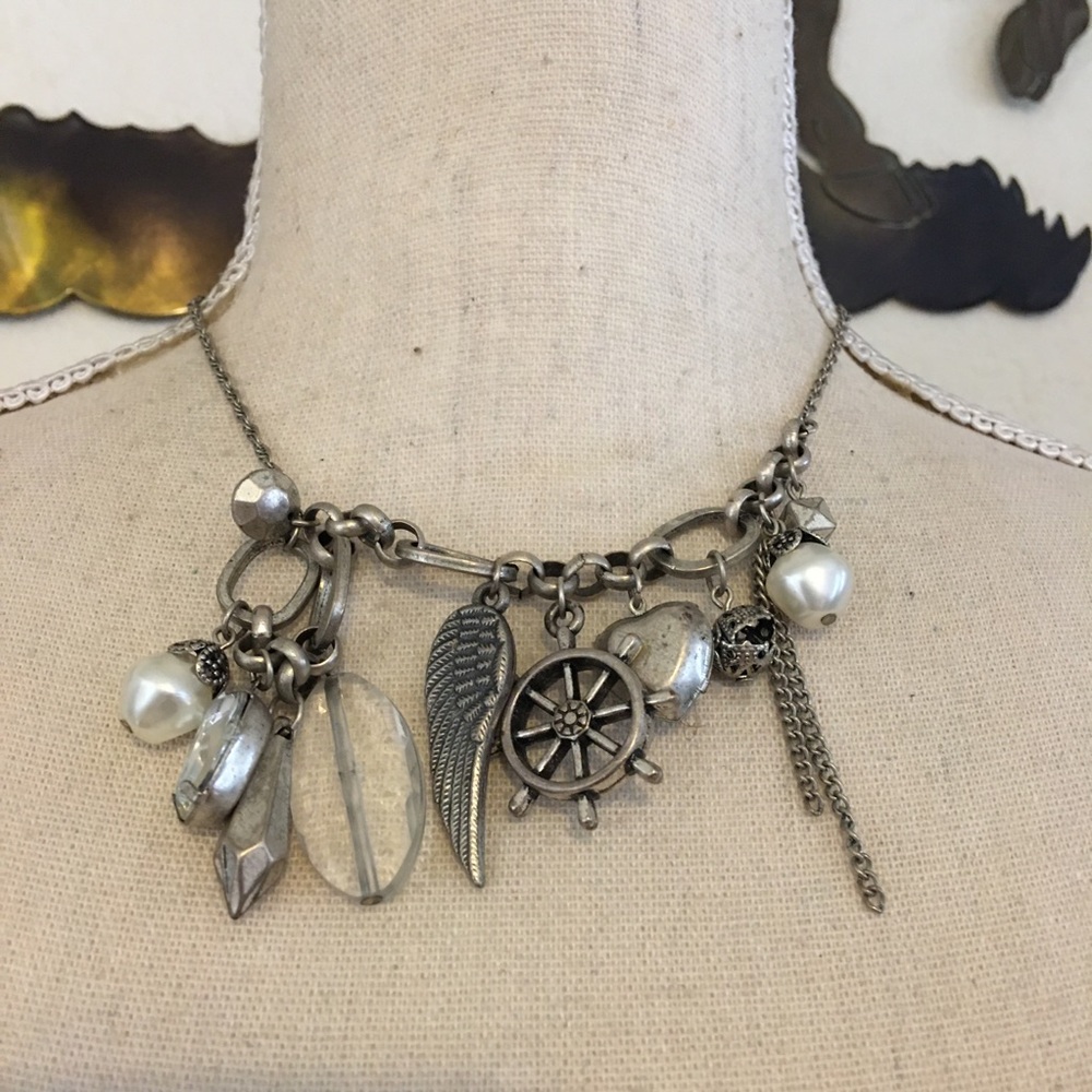 Antique silver tone charm beaded necklace